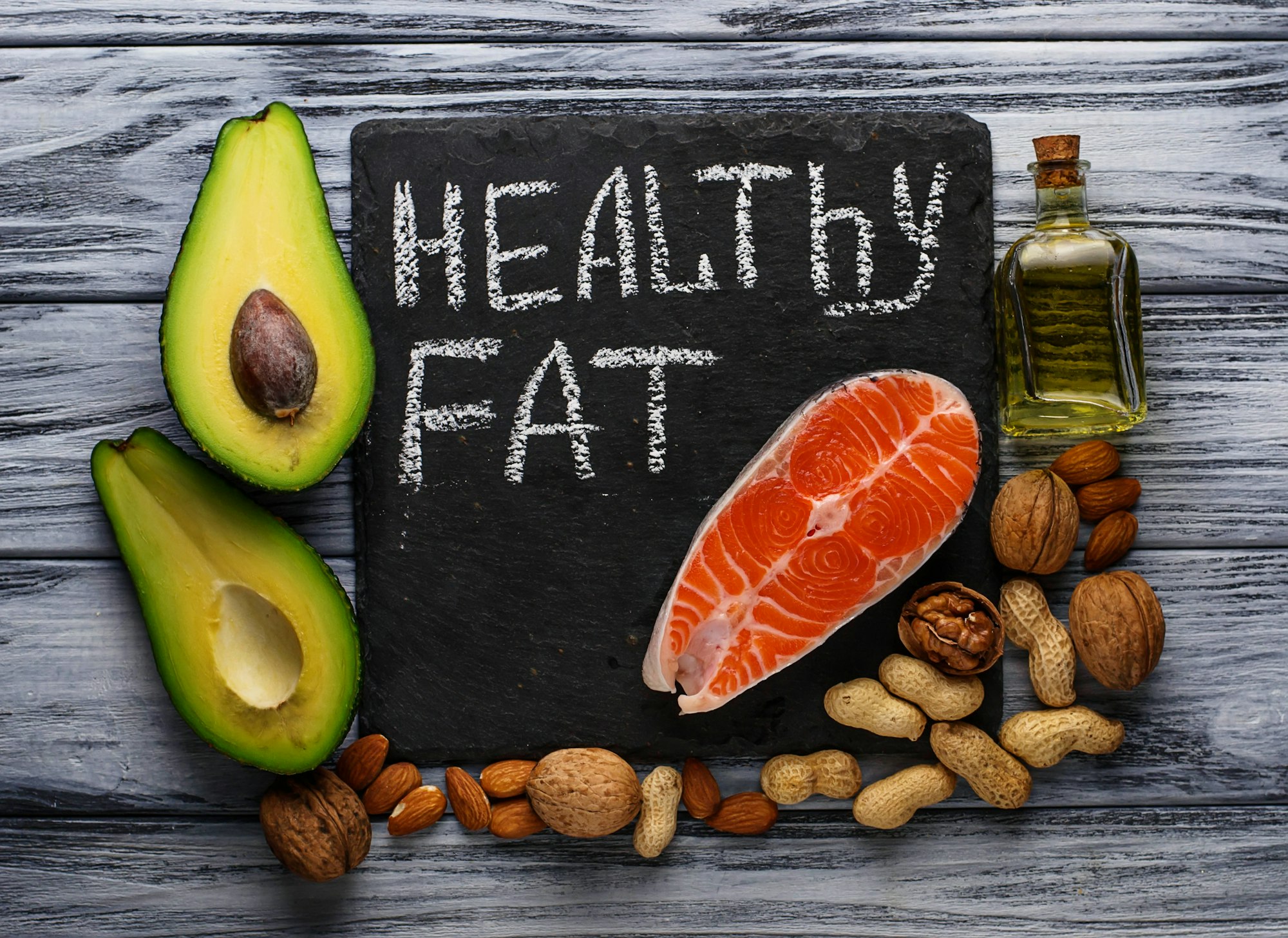 Healthy fat salmon, avocado, oil, nuts