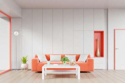 Modern living room interior with living coral color.