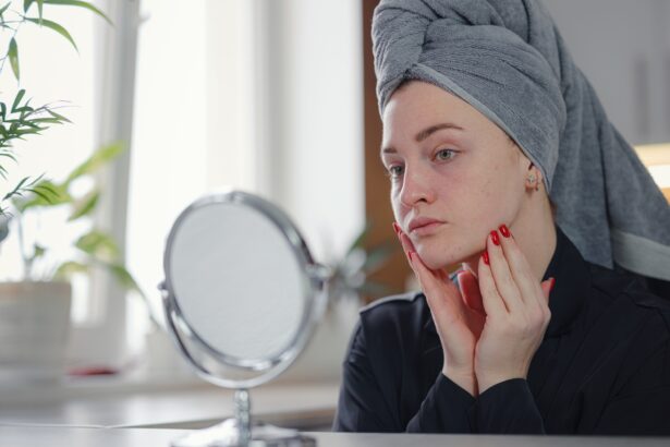 woman feeling shock while looking acne and scar occur on face