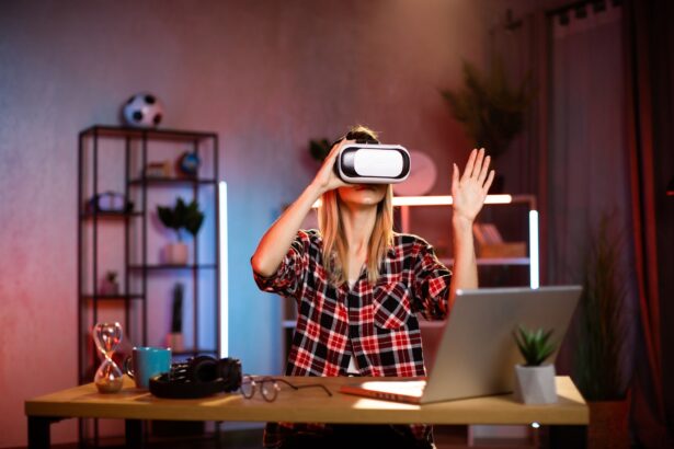 Young cheerful woman in VR goggles working in augmented reality while staying at home.